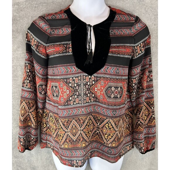 Sanctuary Women's Medium Velvet Trim Tie Neck‎ Blouse Paisley Print Peasant Boho - Picture 1 of 8